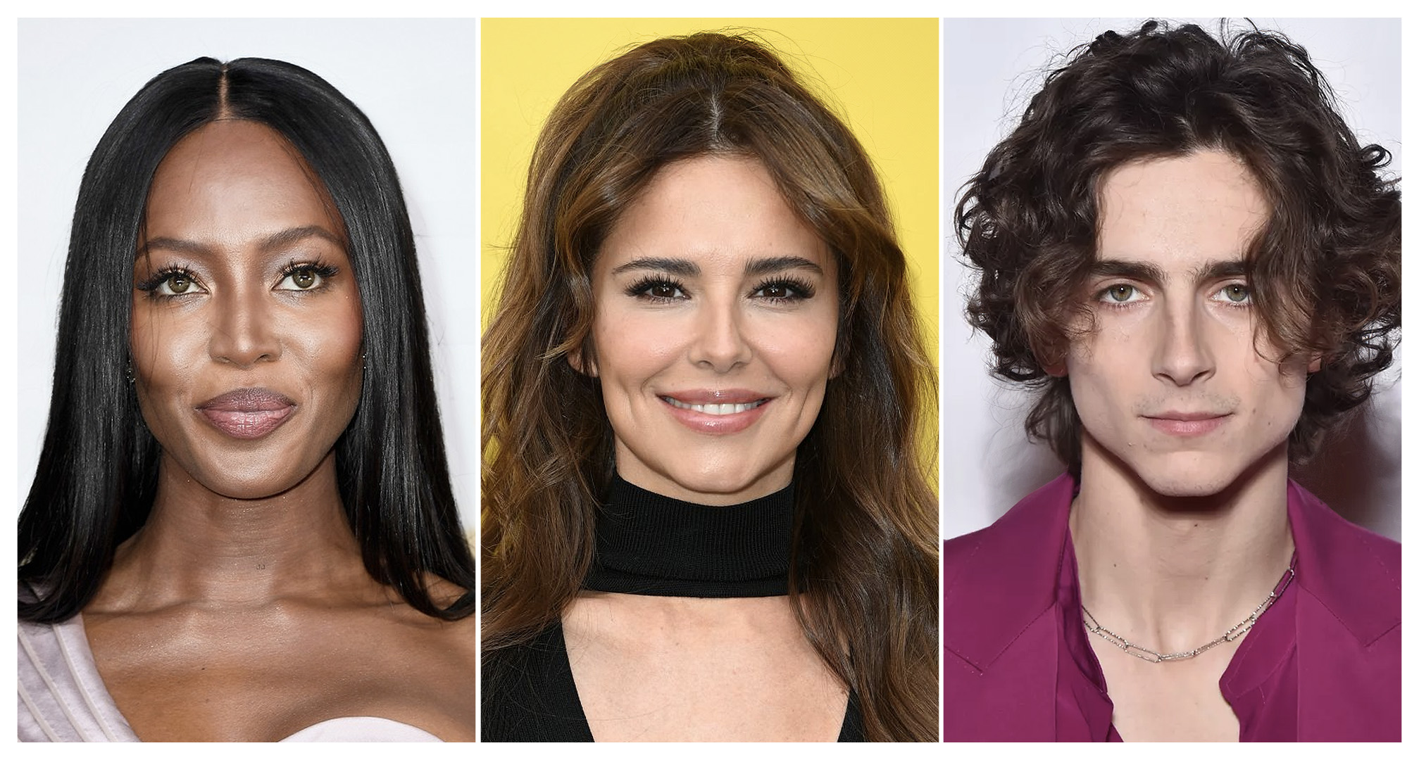 koláž Naomi Campbell, Cheryl Cole, Timothée Chalamet