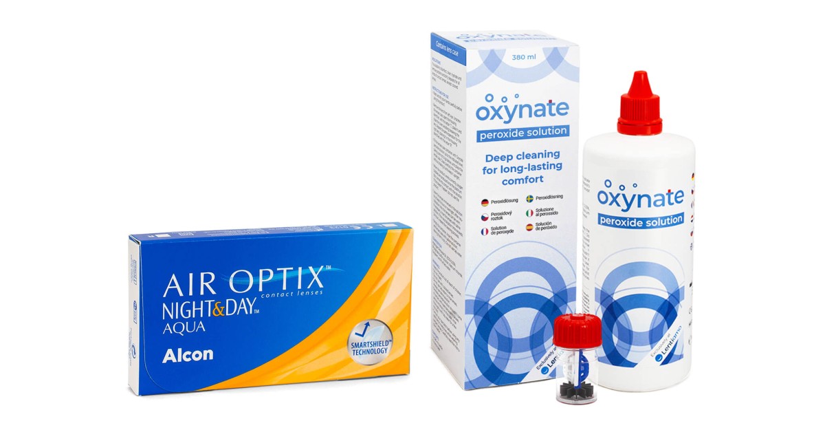 Air Optix Night & Day Aqua (6 lenti) + Oxynate Peroxide 380 ml con portalenti