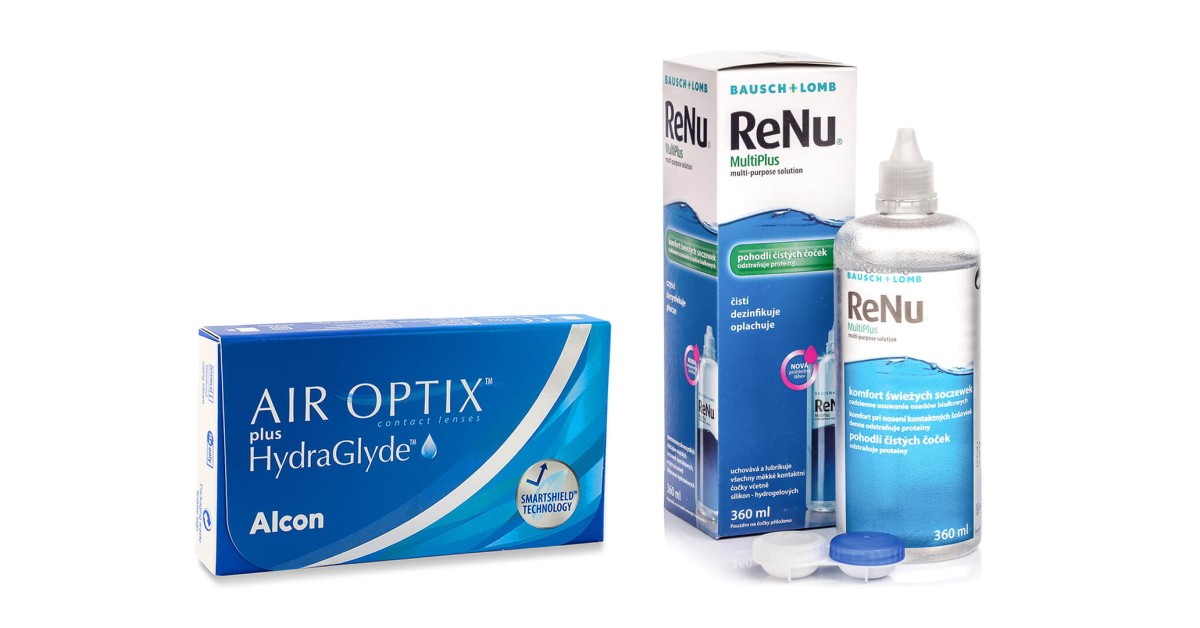 Image of Air Optix Plus Hydraglyde (6 lenses) + ReNu MultiPlus 360 ml with case