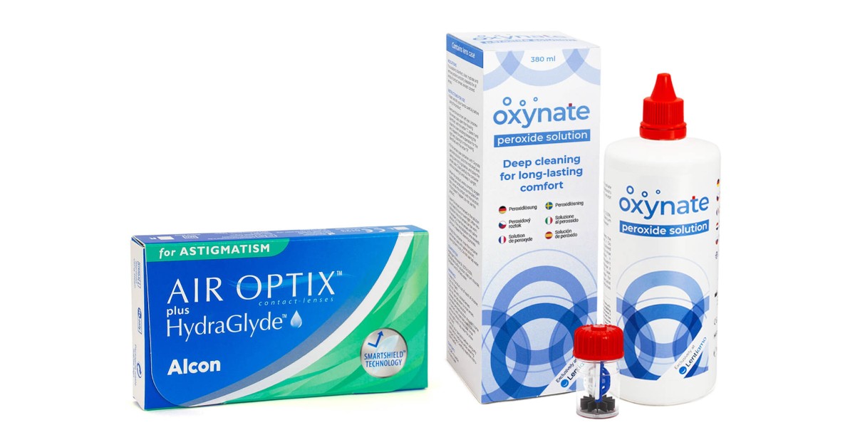 Air Optix Plus Hydraglyde for Astigmatism (3 linser) + Oxynate Peroxide 380 ml med linsetui