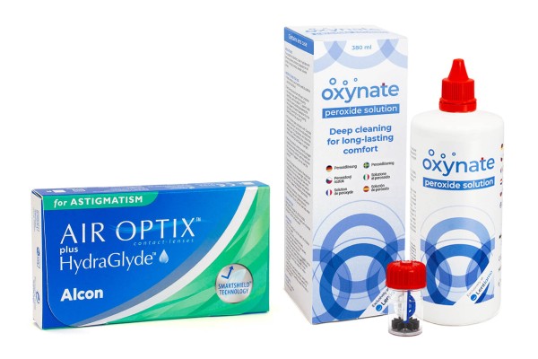 E-shop Alcon Air Optix Plus Hydraglyde for Astigmatism (3 šošovky) + Oxynate Peroxide 380 ml s puzdrom
