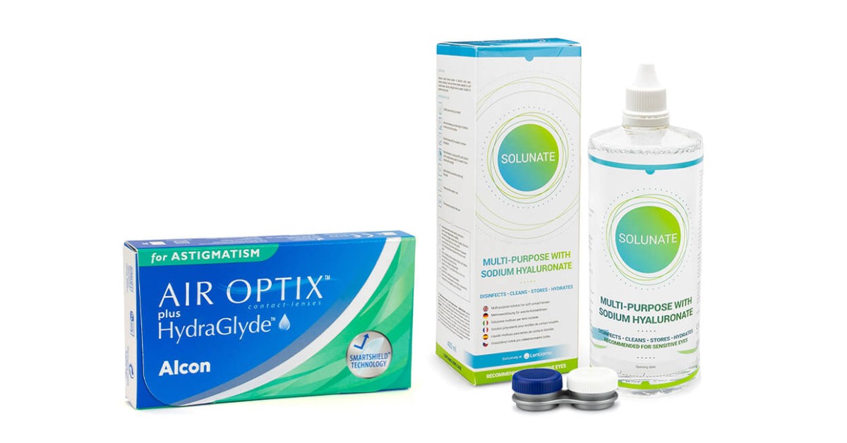 Air Optix plus hydraglyde for astigmatism (6 linser) + solunate multi-purpose 400 ml med linsetui