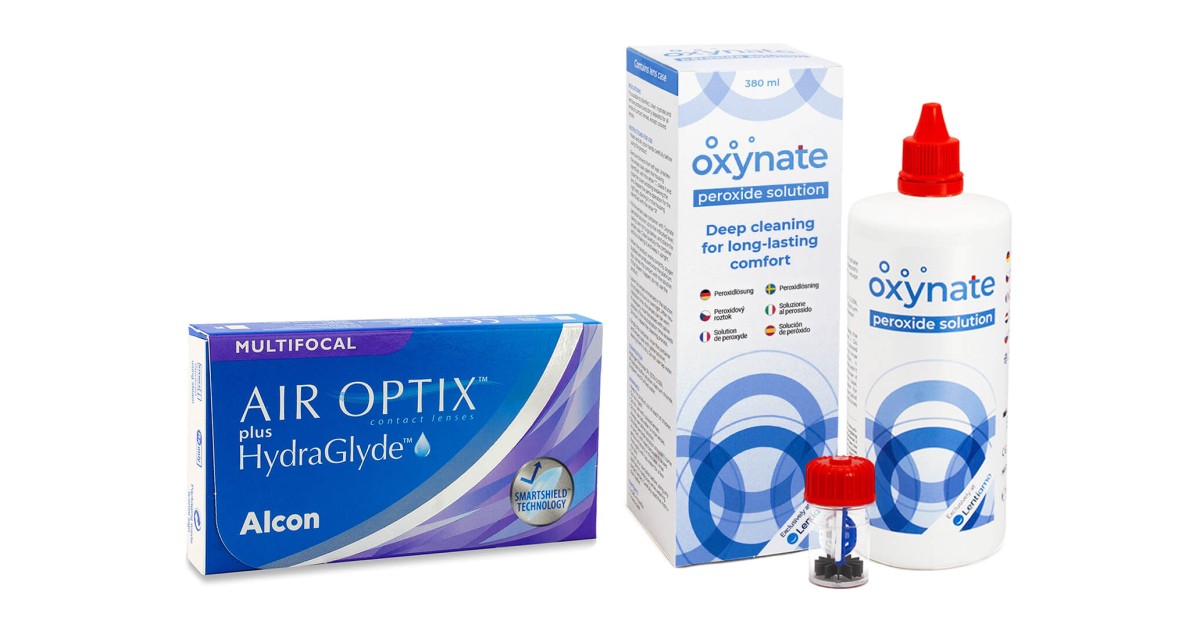 Image of Air Optix Plus Hydraglyde Multifocal (3 Linsen) + Oxynate Peroxide 380 ml mit Behälter