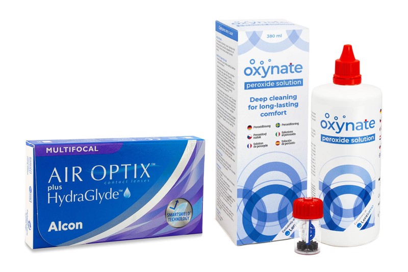 E-shop Alcon Air Optix Plus Hydraglyde Multifocal (3 čočky) + Oxynate Peroxide 380 ml s pouzdrem