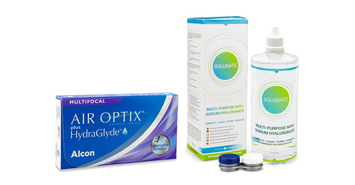 Air Optix plus hydraglyde multifocal (6 linser) + solunate multi-purpose 400 ml med linsetui