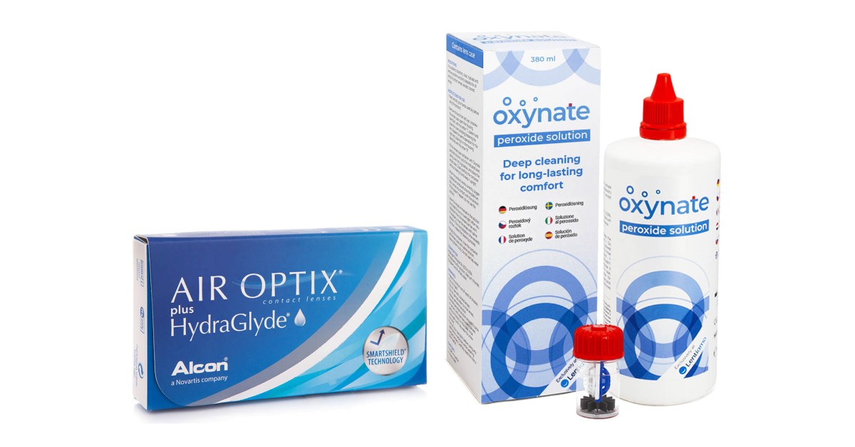 Image of Air Optix Plus Hydraglyde (6 Linsen) + Oxynate Peroxide 380 ml mit Behälter