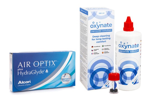 E-shop Alcon Air Optix Plus Hydraglyde (6 šošoviek) + Oxynate Peroxide 380 ml s puzdrom