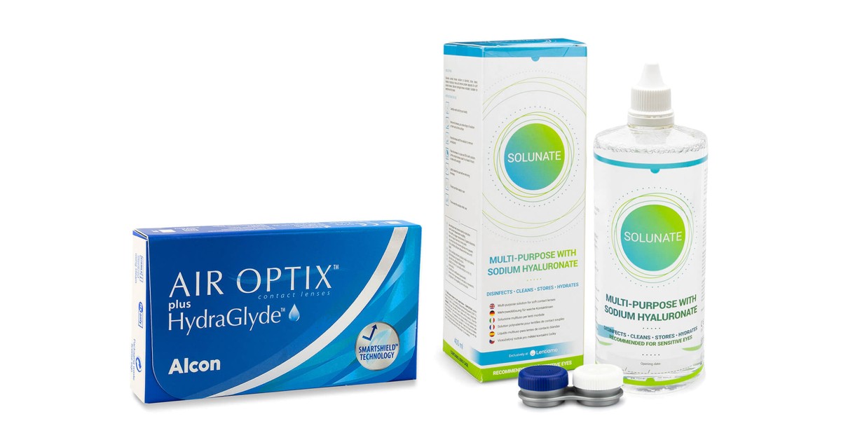 Image of Air Optix Plus Hydraglyde (6 Linsen) + Solunate Multi-Purpose 400 ml mit Behälter